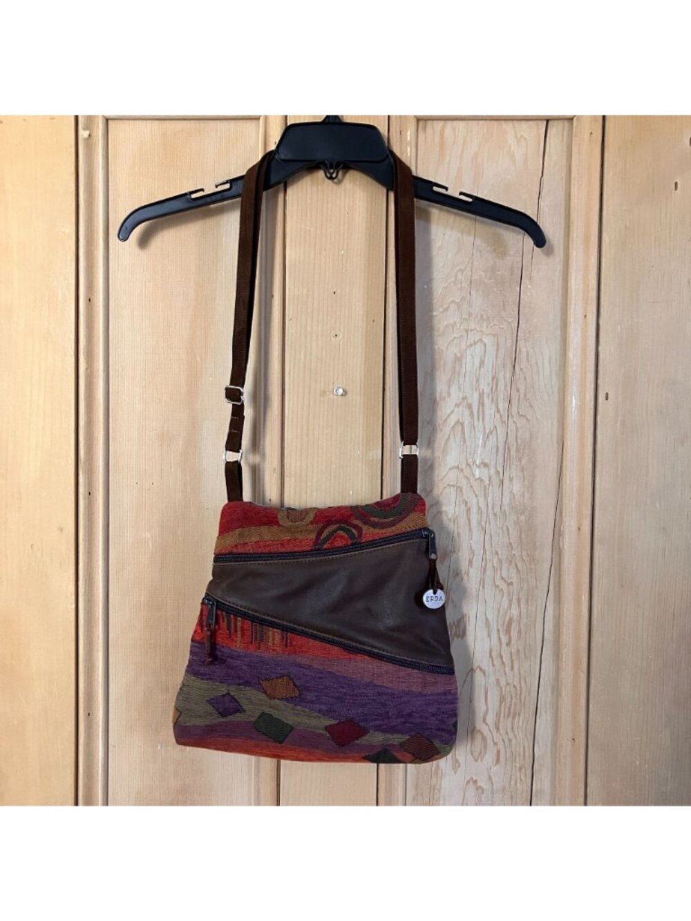 Erda Womens Vintage 90s Patchwork Leather USA Crossbody Bag Small Brown AN EXC - Picture 4 of 12
